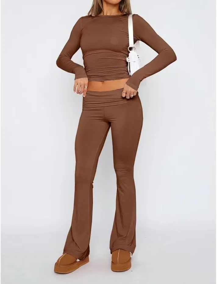 Sumleno Women Y2k Skinny Pants Flare Leggings Low Rise Fold Over Waist Bootcut Stretchy Yoga Sweatpants Lounge Streetwear