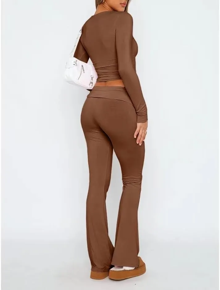 Sumleno Women Y2k Skinny Pants Flare Leggings Low Rise Fold Over Waist Bootcut Stretchy Yoga Sweatpants Lounge Streetwear