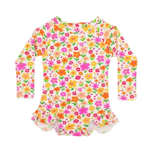 Summer Blooms Long Sleeve One-Piece Rash Guard Bathing Suit