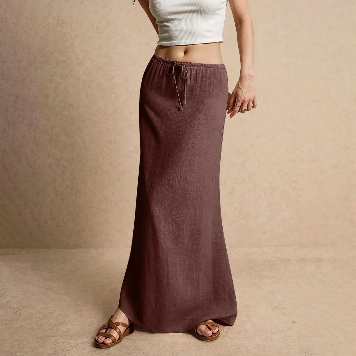 Summer Maxi Skirts for Women Trendy Low Waisted Drawstring Skorts Casual Lightweight Solid Color Simple Long Skirts