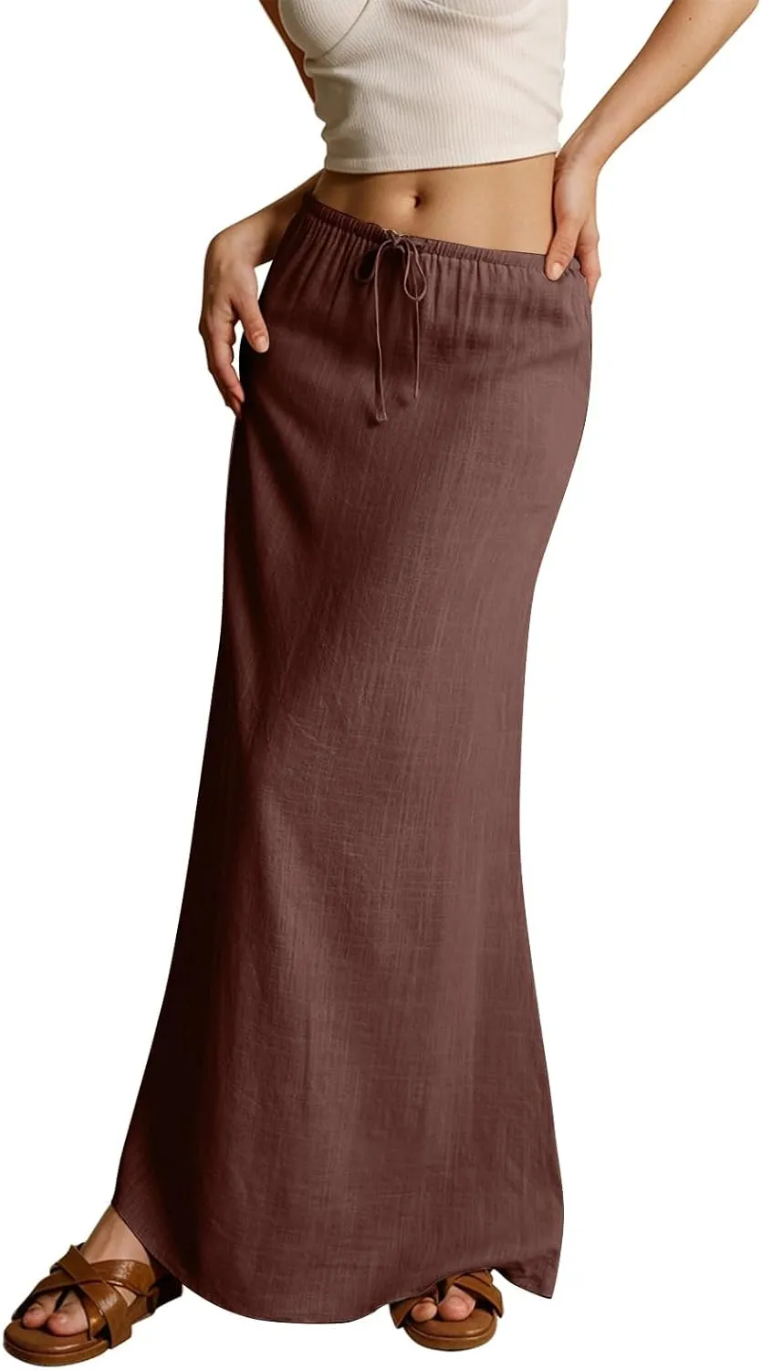 Summer Maxi Skirts for Women Trendy Low Waisted Drawstring Skorts Casual Lightweight Solid Color Simple Long Skirts