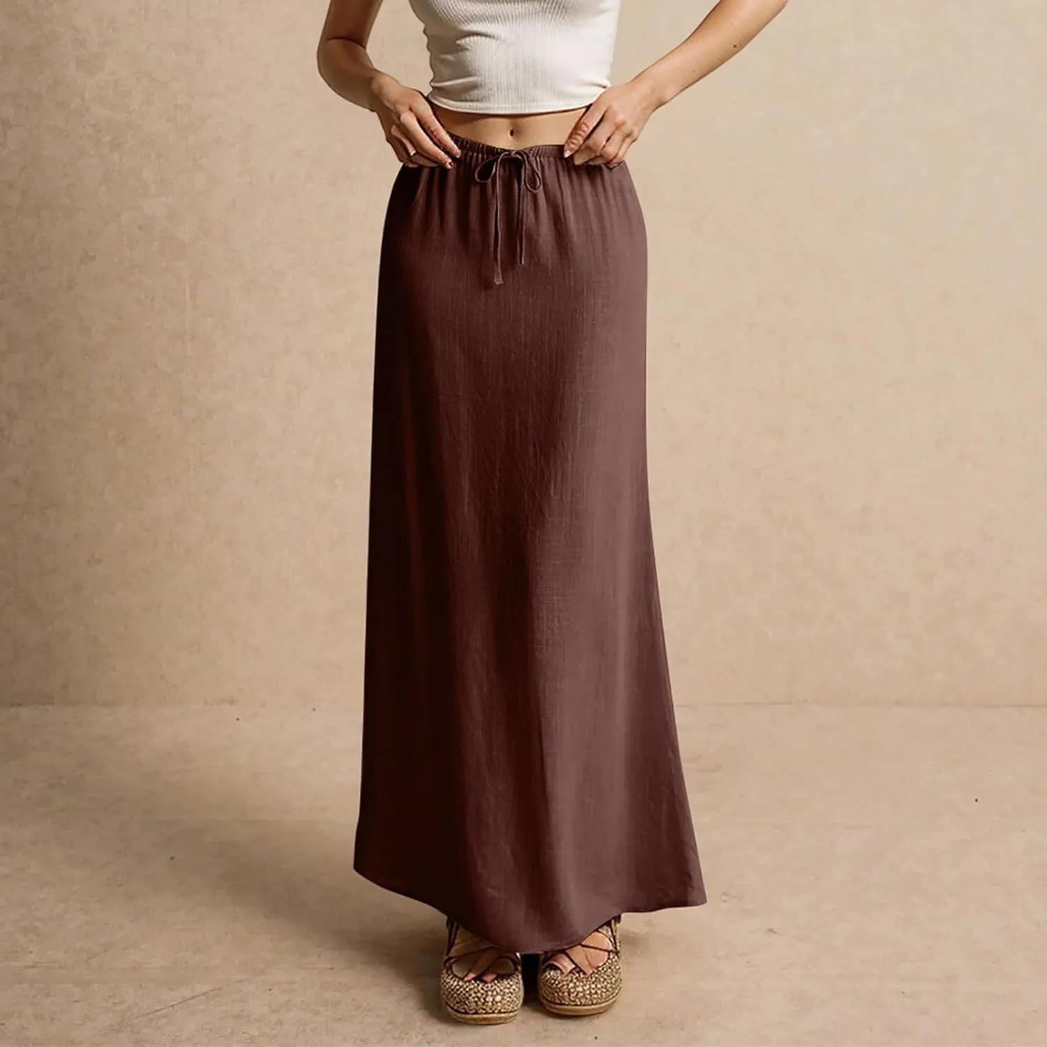Summer Maxi Skirts for Women Trendy Low Waisted Drawstring Skorts Casual Lightweight Solid Color Simple Long Skirts