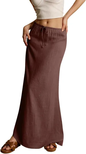 Summer Maxi Skirts for Women Trendy Low Waisted Drawstring Skorts Casual Lightweight Solid Color Simple Long Skirts