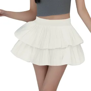 Summer Skirts for Women Trendy High Elastic Waist Solid Loose Double Ruffle Hem Comfy Casual Pleated Short Skirts