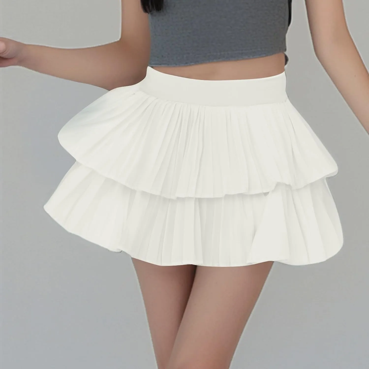 Summer Skirts for Women Trendy High Elastic Waist Solid Loose Double Ruffle Hem Comfy Casual Pleated Short Skirts