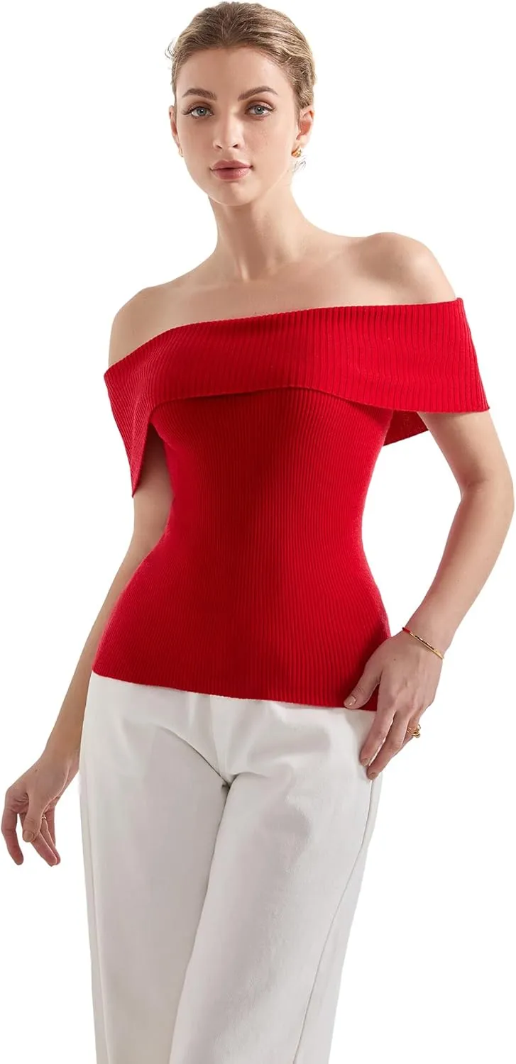 SUUKSESS Women Off Shoulder Going Out Sweaters Tops Short Sleeve Ribbed Knit Summer Sexy Shirts