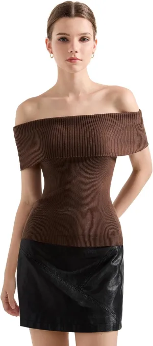 SUUKSESS Women Off Shoulder Going Out Sweaters Tops Short Sleeve Ribbed Knit Summer Sexy Shirts