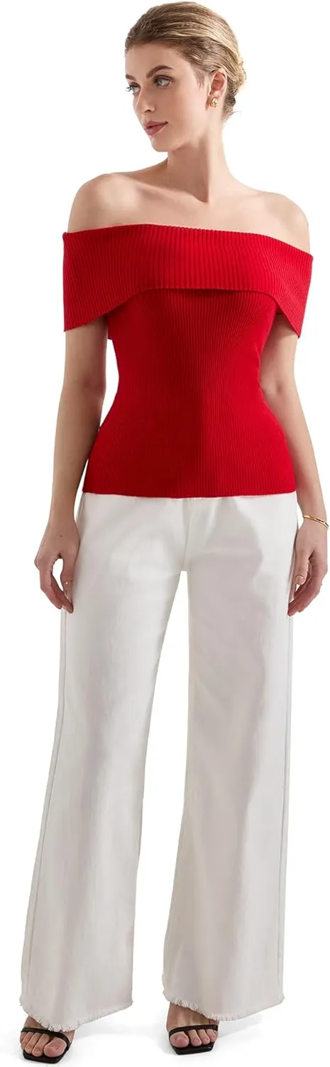 SUUKSESS Women Off Shoulder Going Out Sweaters Tops Short Sleeve Ribbed Knit Summer Sexy Shirts