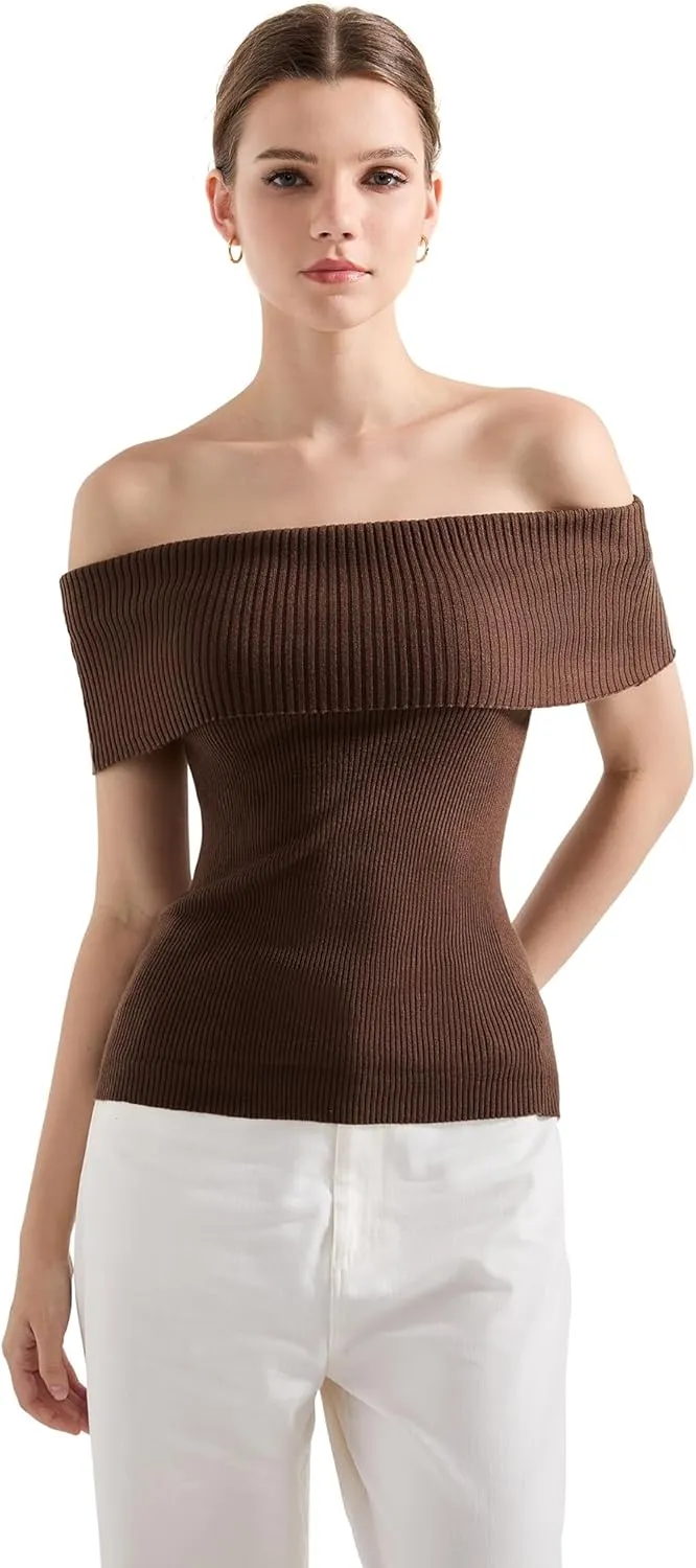SUUKSESS Women Off Shoulder Going Out Sweaters Tops Short Sleeve Ribbed Knit Summer Sexy Shirts