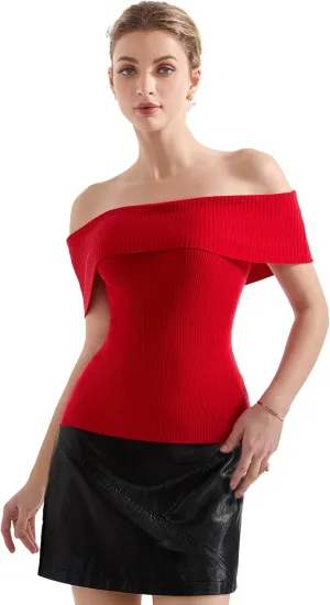 SUUKSESS Women Off Shoulder Going Out Sweaters Tops Short Sleeve Ribbed Knit Summer Sexy Shirts