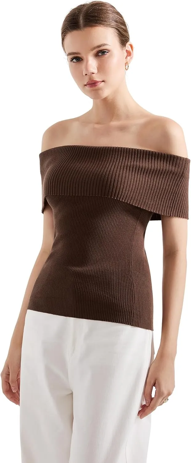 SUUKSESS Women Off Shoulder Going Out Sweaters Tops Short Sleeve Ribbed Knit Summer Sexy Shirts