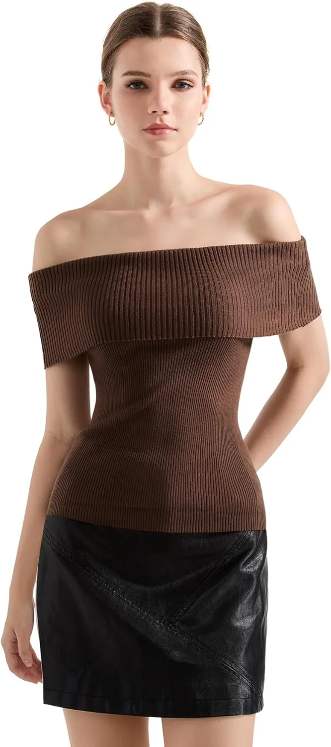 SUUKSESS Women Off Shoulder Going Out Sweaters Tops Short Sleeve Ribbed Knit Summer Sexy Shirts