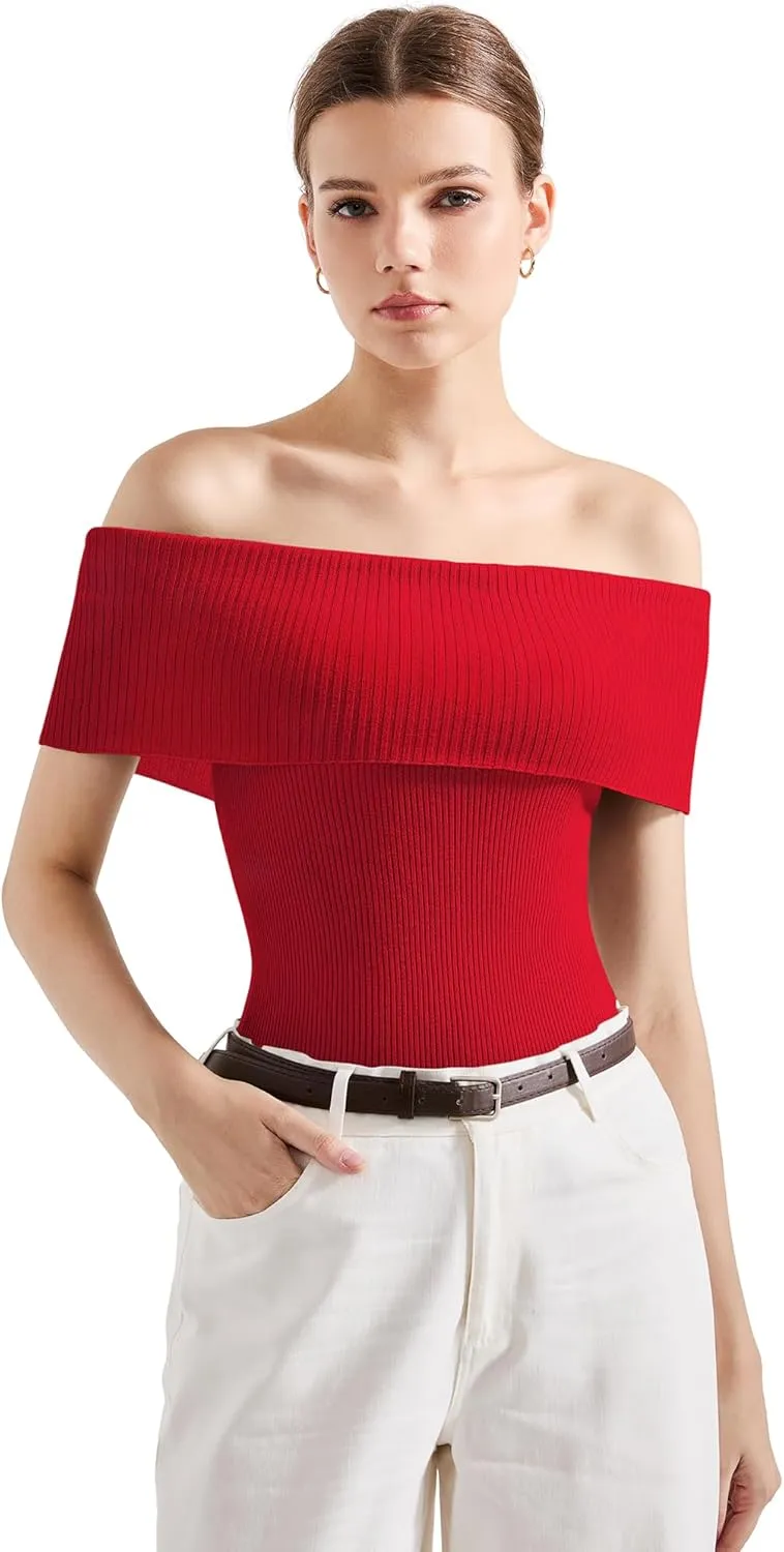 SUUKSESS Women Off Shoulder Going Out Sweaters Tops Short Sleeve Ribbed Knit Summer Sexy Shirts