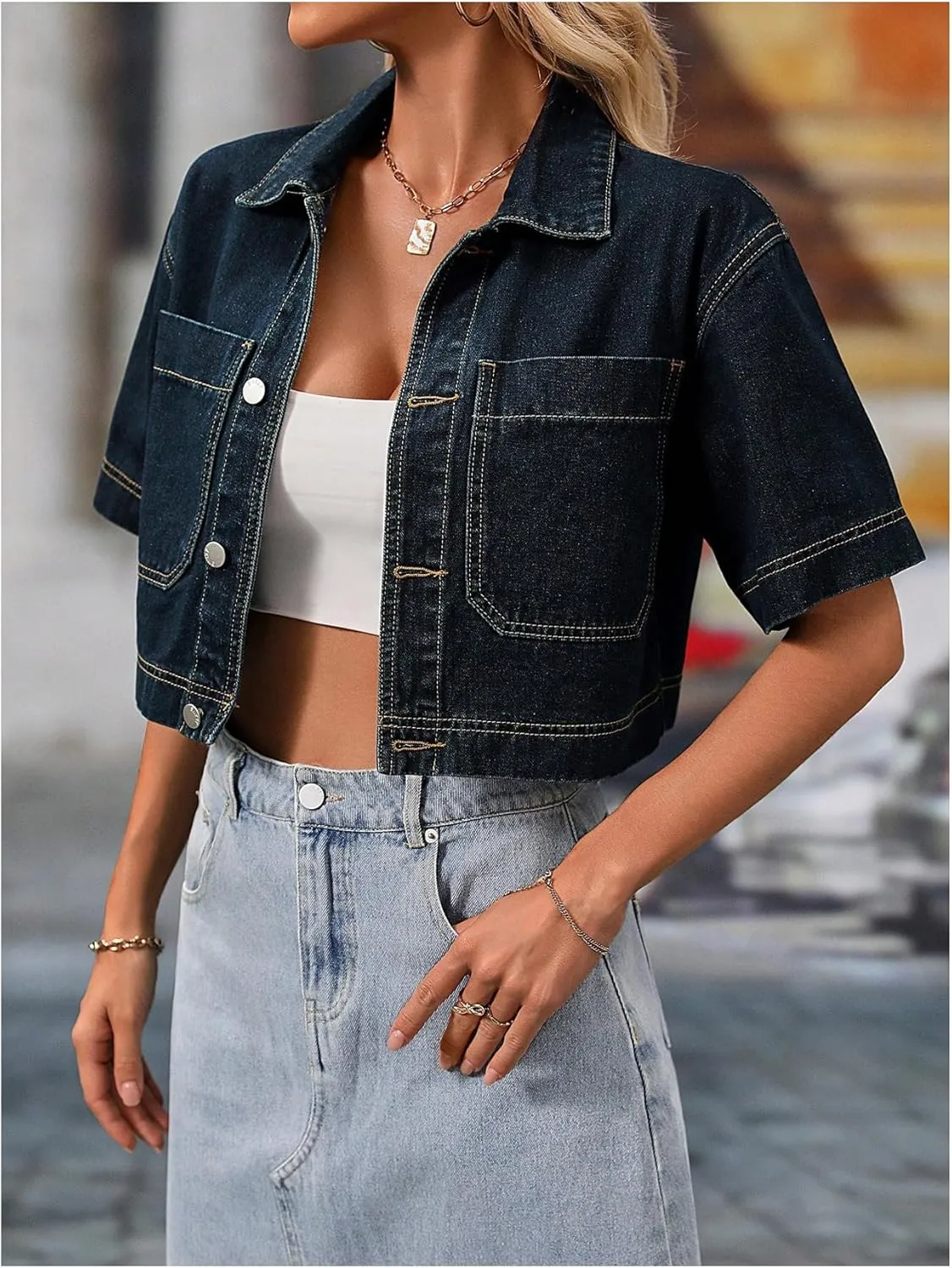 SweatyRocks Women's Short Sleeve Button Down Lapel Collar Cropped Denim Jacket Outerwear