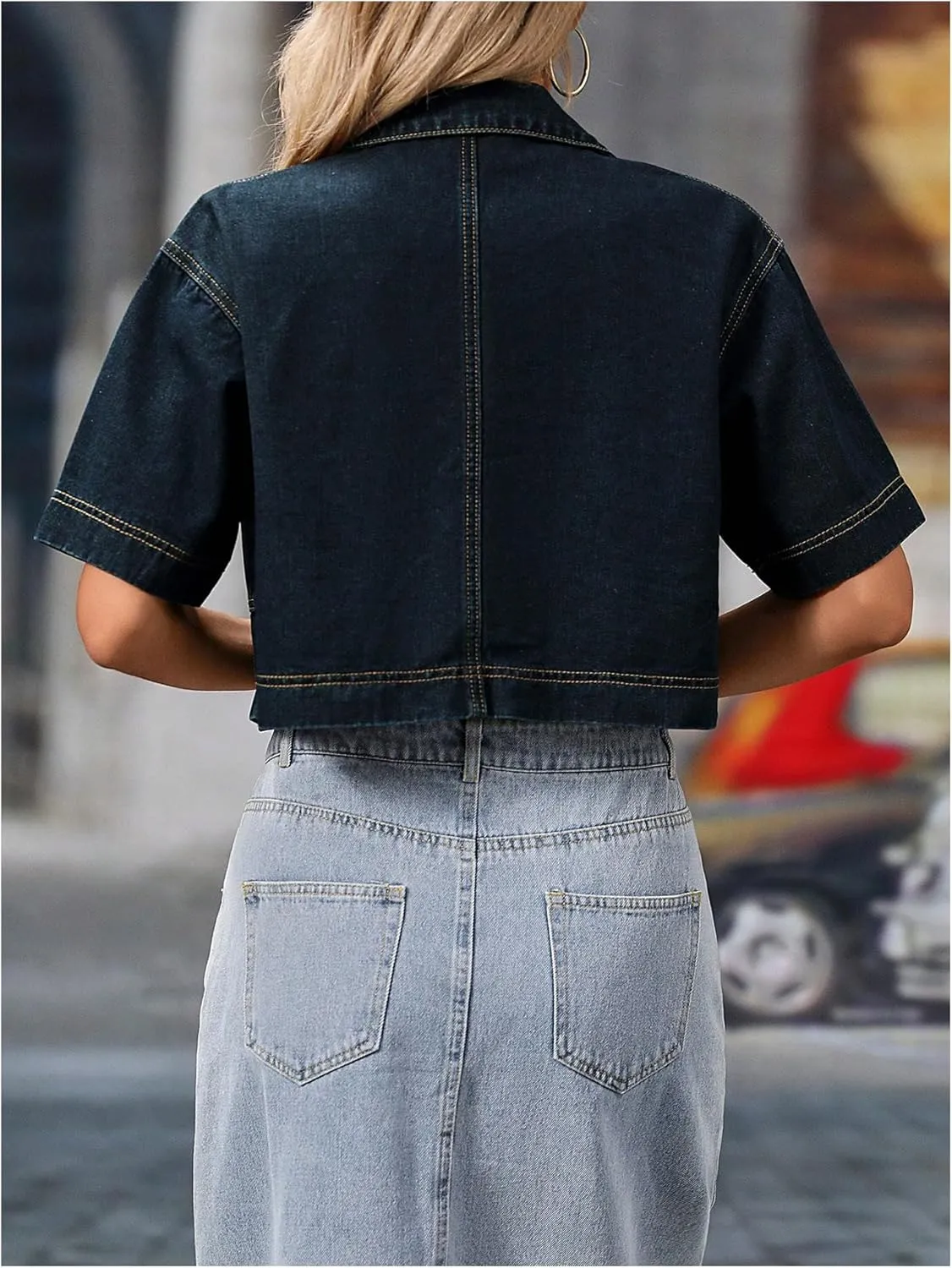 SweatyRocks Women's Short Sleeve Button Down Lapel Collar Cropped Denim Jacket Outerwear
