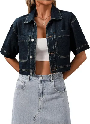 SweatyRocks Women's Short Sleeve Button Down Lapel Collar Cropped Denim Jacket Outerwear