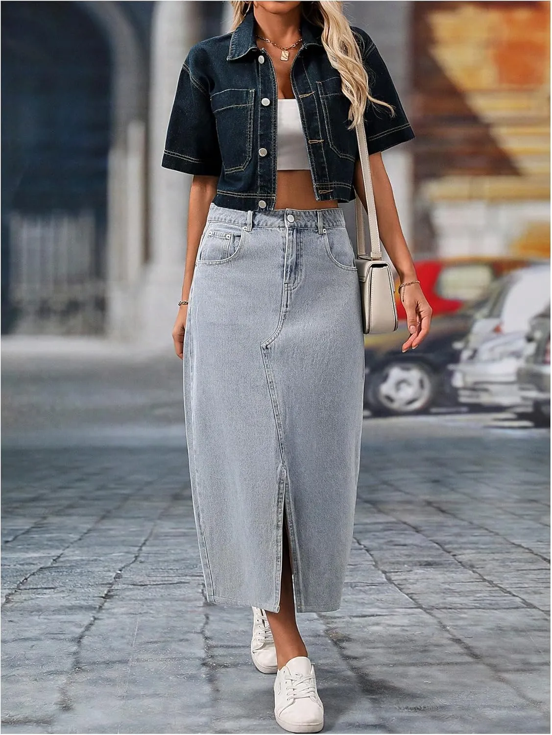 SweatyRocks Women's Short Sleeve Button Down Lapel Collar Cropped Denim Jacket Outerwear