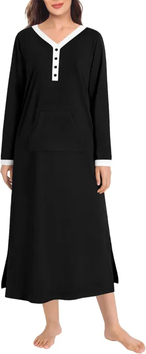 SWOMOG Womens Nightgown Long Sleeve Sleep Shirts Oversized Sleep Dress Long Soft Housecoat With Pockets