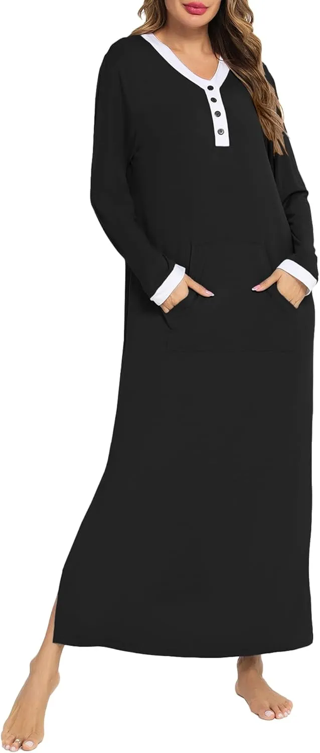 SWOMOG Womens Nightgown Long Sleeve Sleep Shirts Oversized Sleep Dress Long Soft Housecoat With Pockets