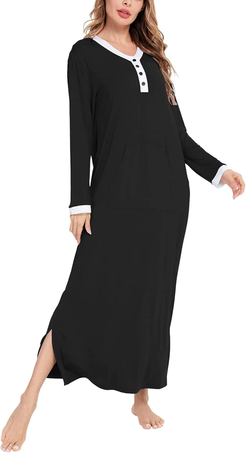 SWOMOG Womens Nightgown Long Sleeve Sleep Shirts Oversized Sleep Dress Long Soft Housecoat With Pockets