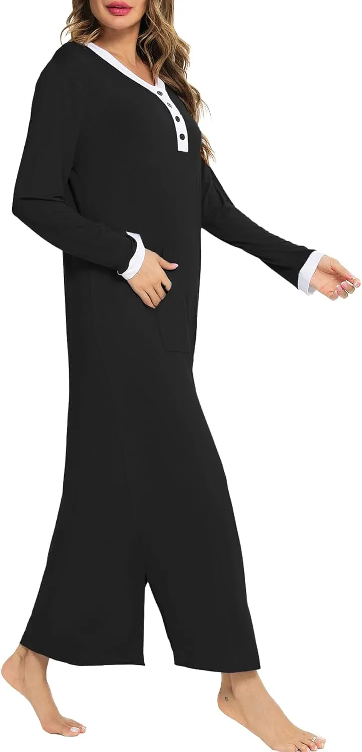 SWOMOG Womens Nightgown Long Sleeve Sleep Shirts Oversized Sleep Dress Long Soft Housecoat With Pockets