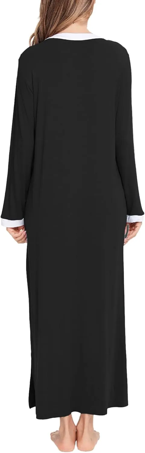 SWOMOG Womens Nightgown Long Sleeve Sleep Shirts Oversized Sleep Dress Long Soft Housecoat With Pockets