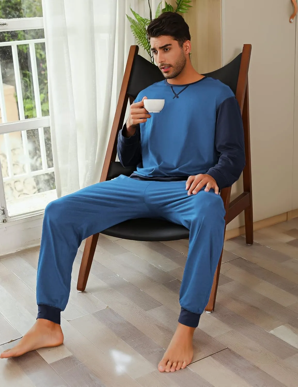 Sykooria Men's Pajamas Set Long Sleeve Cotton Plaid Loungewear Comfy Striped Sleepwear with Pockets 2 Piece Comfy Pjs Set