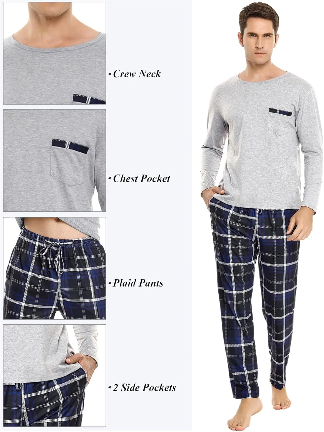 Sykooria Men's Pajamas Set Long Sleeve Cotton Plaid Loungewear Comfy Striped Sleepwear with Pockets 2 Piece Comfy Pjs Set