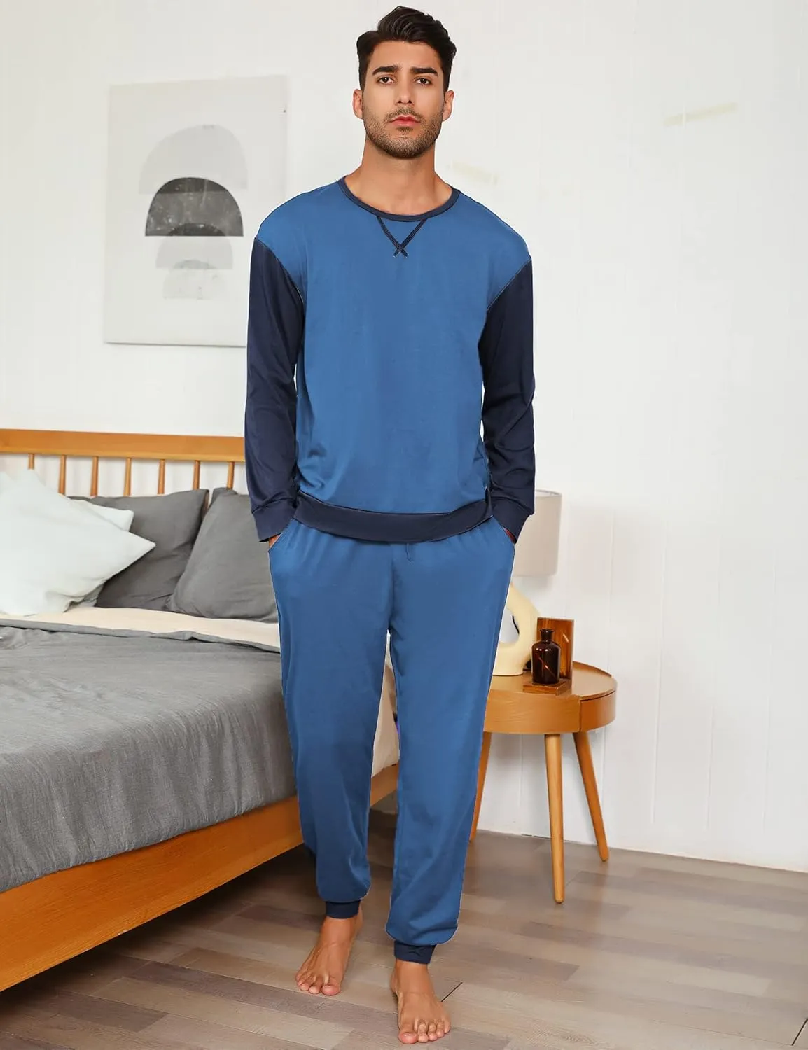 Sykooria Men's Pajamas Set Long Sleeve Cotton Plaid Loungewear Comfy Striped Sleepwear with Pockets 2 Piece Comfy Pjs Set