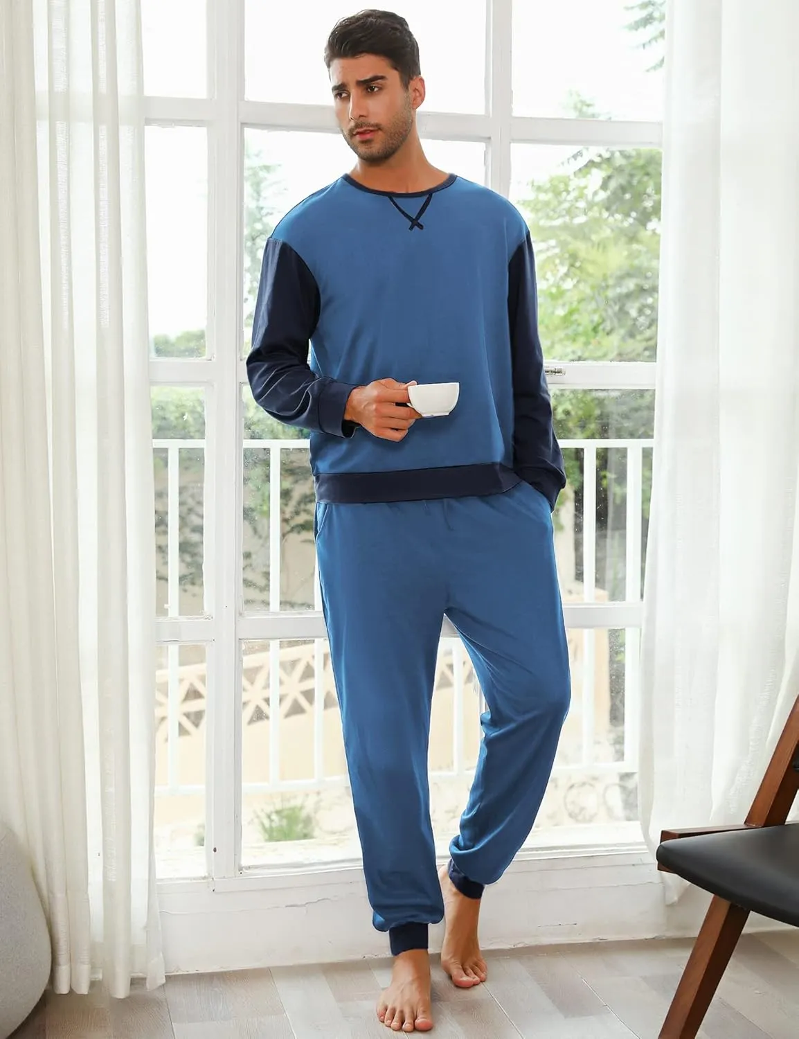 Sykooria Men's Pajamas Set Long Sleeve Cotton Plaid Loungewear Comfy Striped Sleepwear with Pockets 2 Piece Comfy Pjs Set