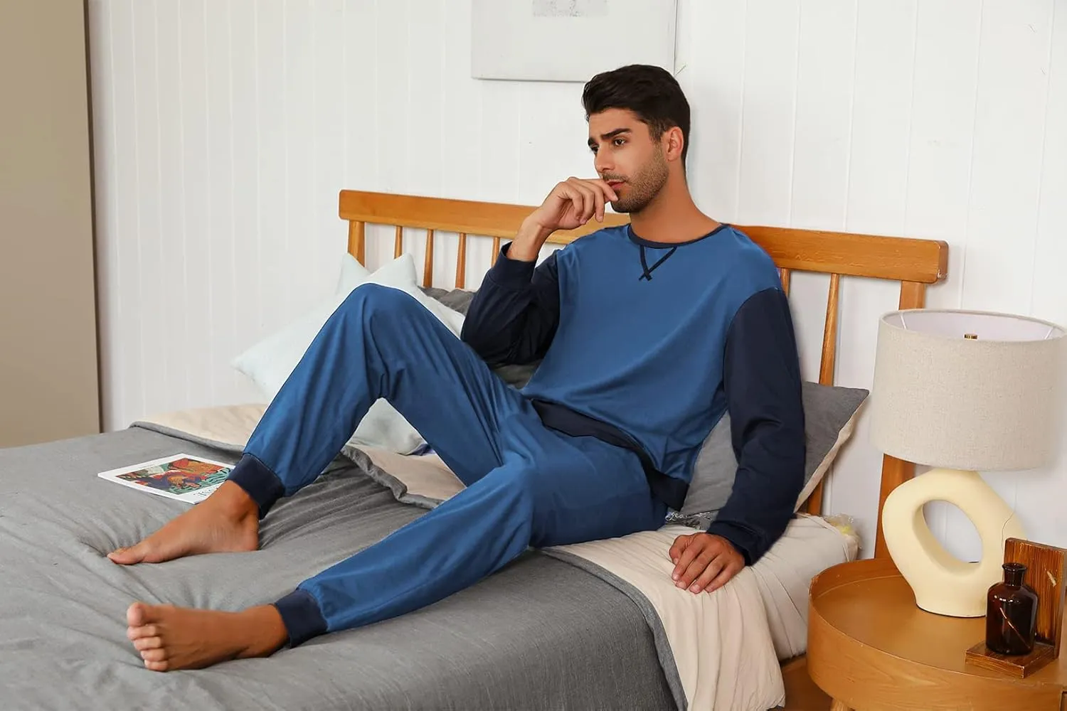 Sykooria Men's Pajamas Set Long Sleeve Cotton Plaid Loungewear Comfy Striped Sleepwear with Pockets 2 Piece Comfy Pjs Set