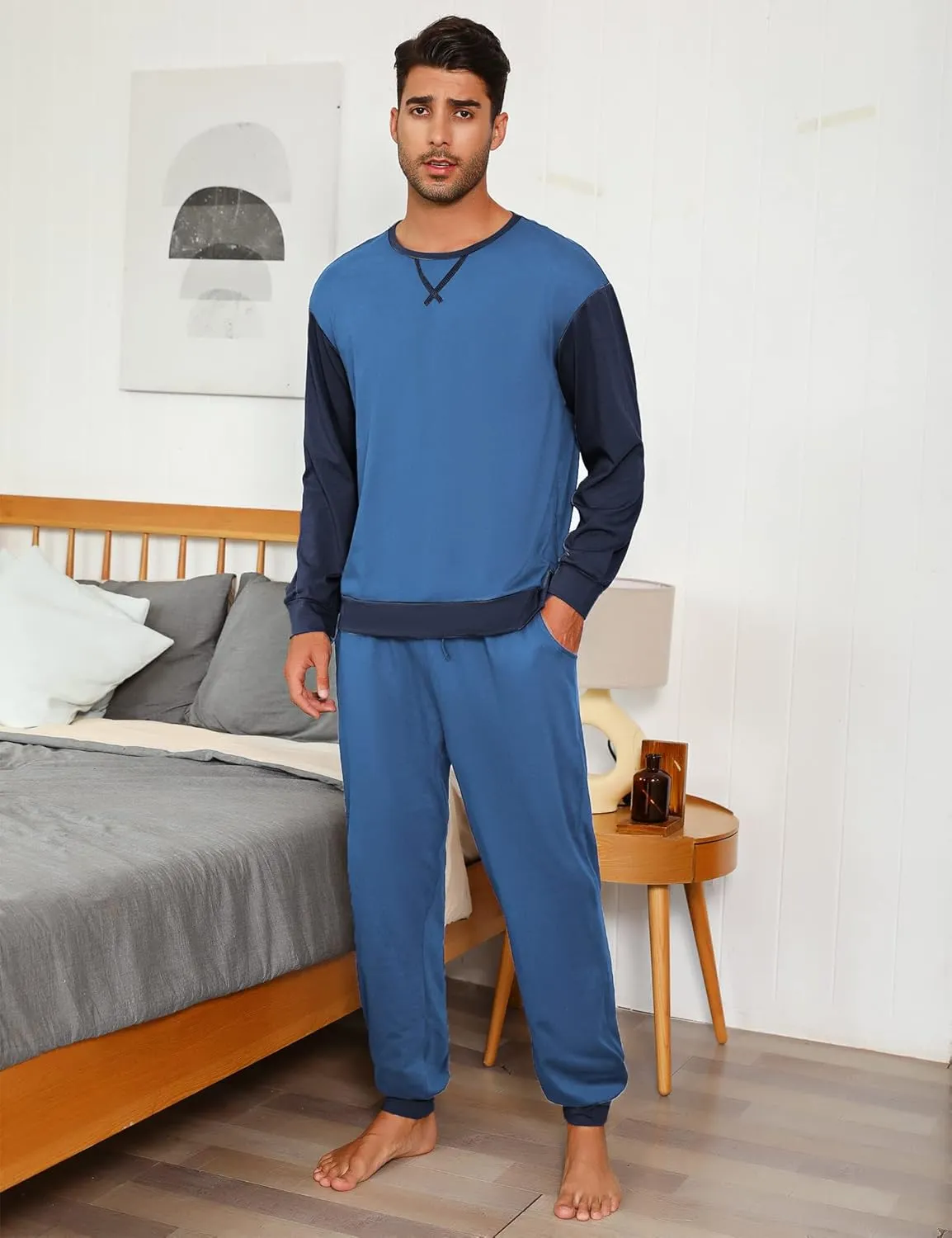 Sykooria Men's Pajamas Set Long Sleeve Cotton Plaid Loungewear Comfy Striped Sleepwear with Pockets 2 Piece Comfy Pjs Set
