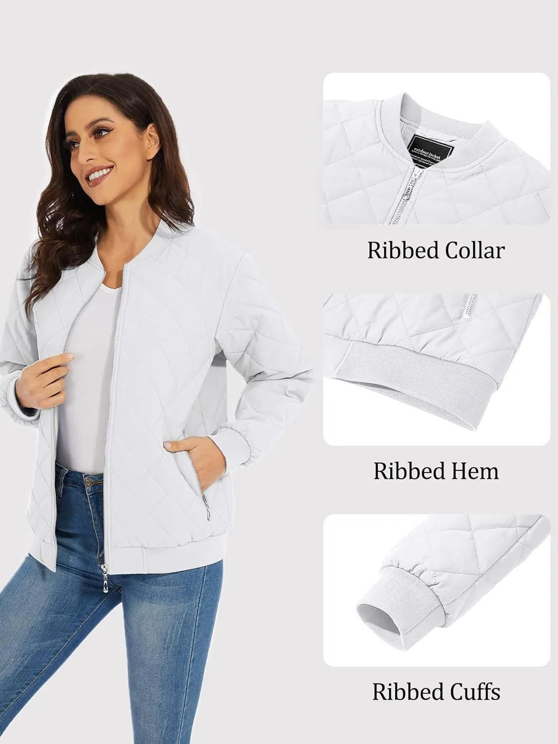 TACVASEN Women's Diamond Quilted Jackets Lightweight Casual Bomber Jacket Warm Winter Coats Full Zip with Pockets