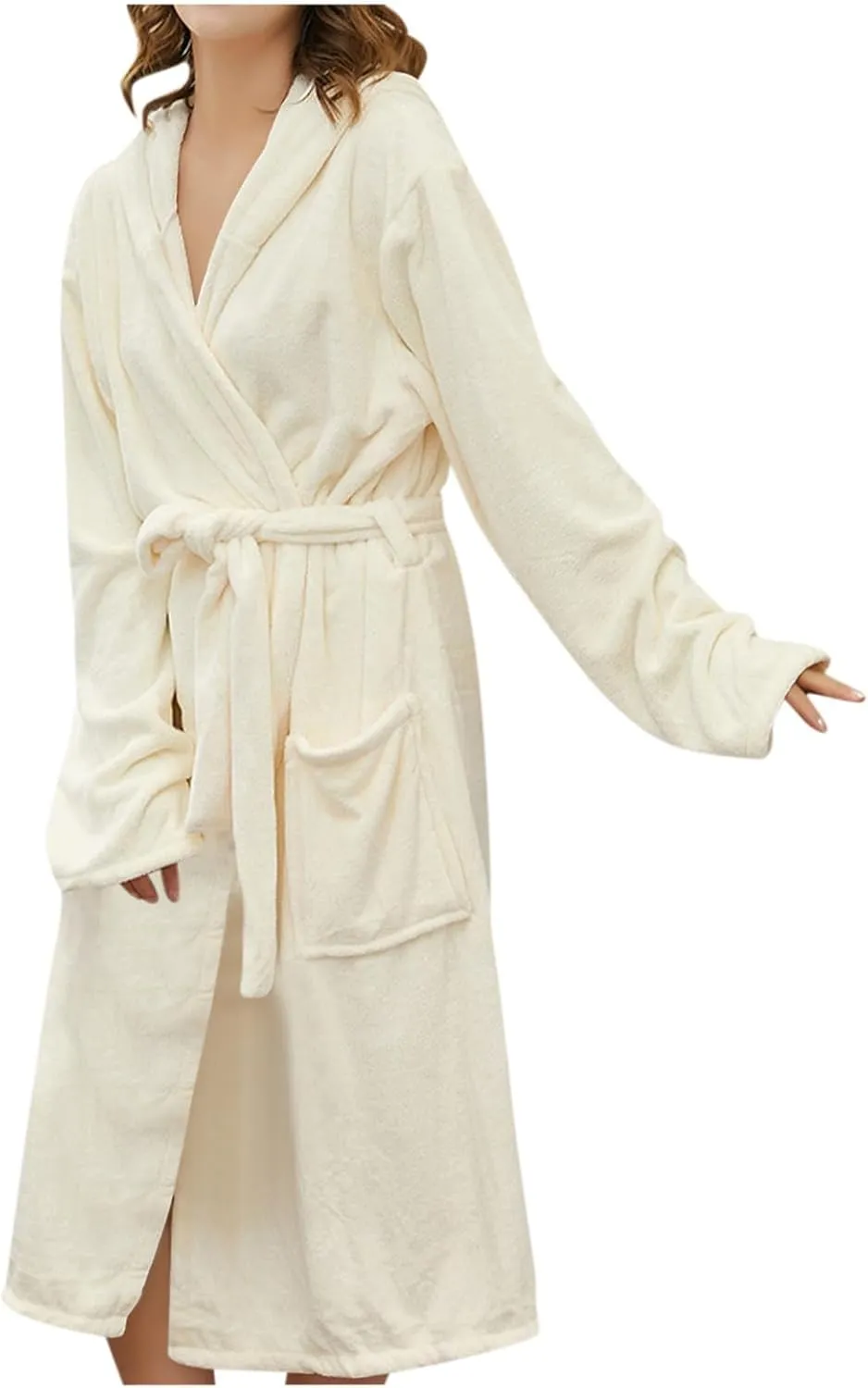 TANGNADE Womens Bathrobe Fleece Shawl Collar Belted Robe with Hood Fashion Loose Hooded Shower Robes Housecoat