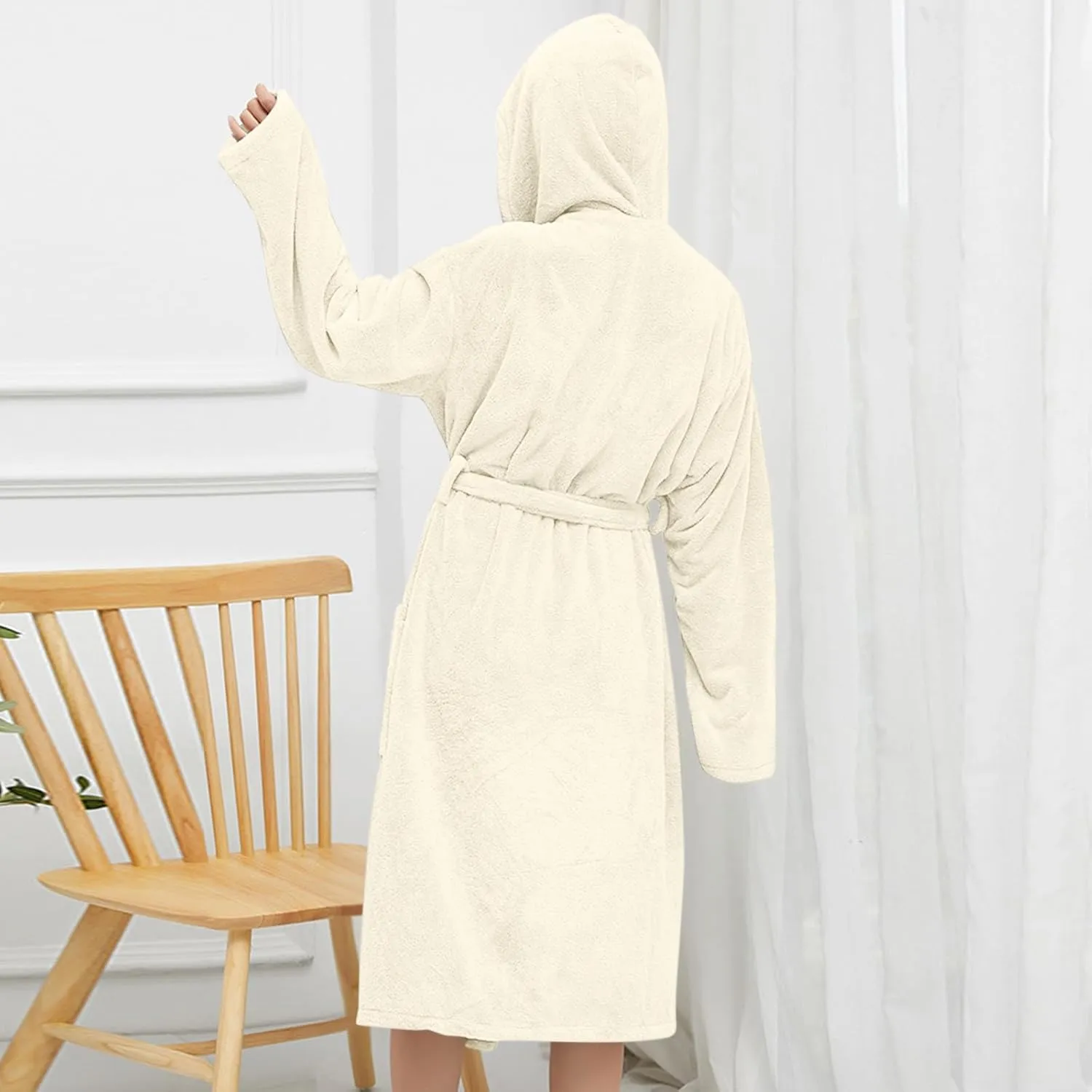 TANGNADE Womens Bathrobe Fleece Shawl Collar Belted Robe with Hood Fashion Loose Hooded Shower Robes Housecoat