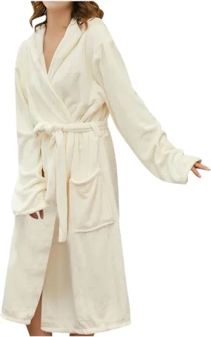TANGNADE Womens Bathrobe Fleece Shawl Collar Belted Robe with Hood Fashion Loose Hooded Shower Robes Housecoat