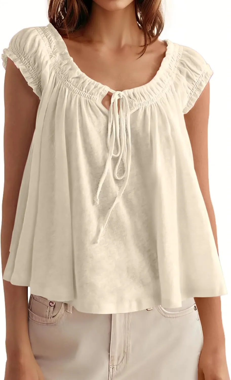 Tankaneo Women Summer Tie Front Tank Tops Cap Sleeve Pleated Babydoll Tops Casual Loose Fit Going Out Flowy Shirt