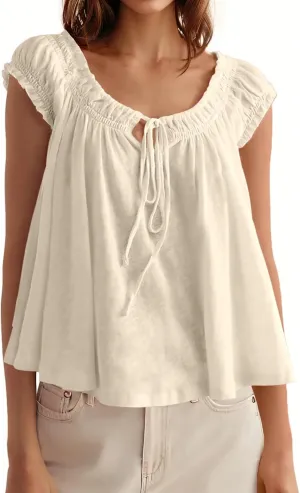 Tankaneo Women Summer Tie Front Tank Tops Cap Sleeve Pleated Babydoll Tops Casual Loose Fit Going Out Flowy Shirt