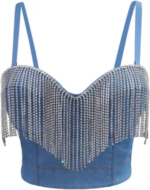 Tassel Elastic Denim Camisole Vest for Women Outerwear Herringbone Bra