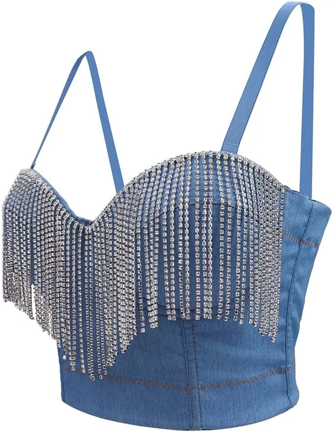 Tassel Elastic Denim Camisole Vest for Women Outerwear Herringbone Bra