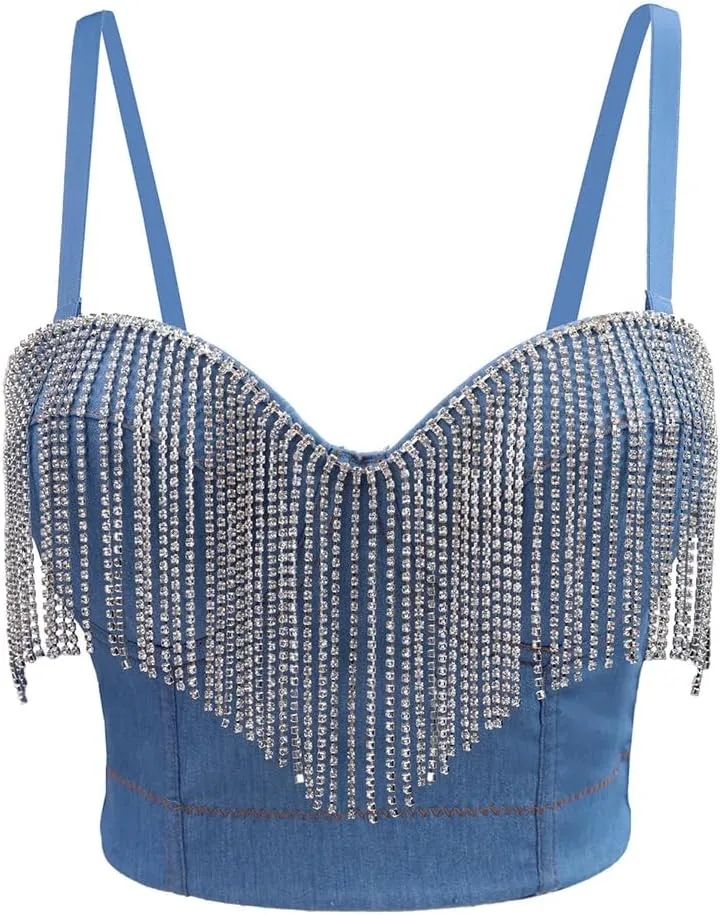 Tassel Elastic Denim Camisole Vest for Women Outerwear Herringbone Bra