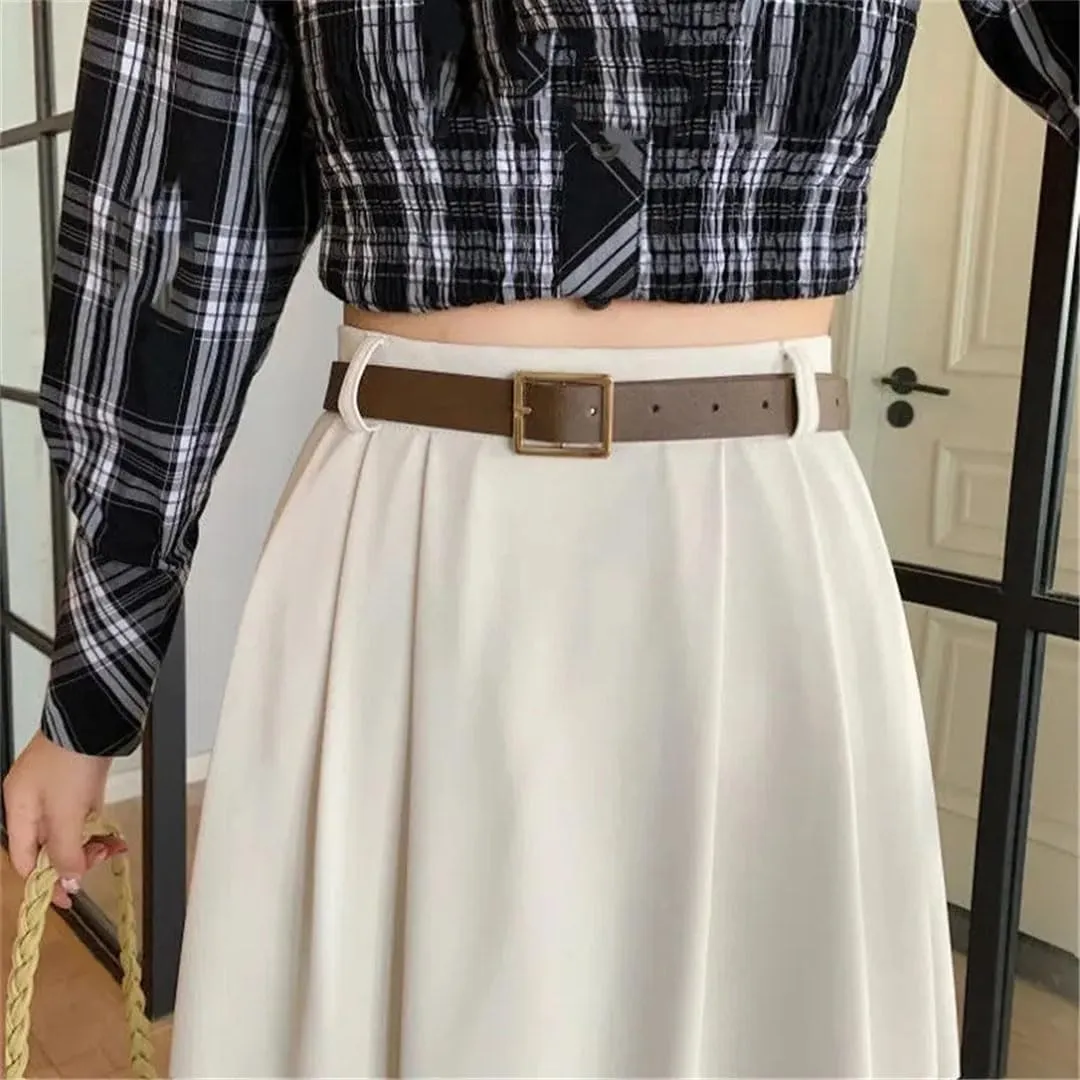 TdvcpmkkWomen's High Waist Casual Pleated Skirt with Belt Versatile Office A-Line Long Skirt