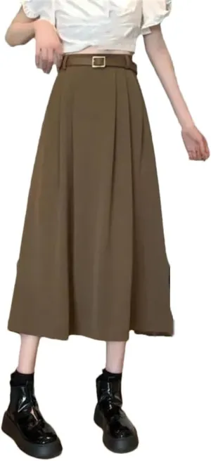 TdvcpmkkWomen's High Waist Casual Pleated Skirt with Belt Versatile Office A-Line Long Skirt