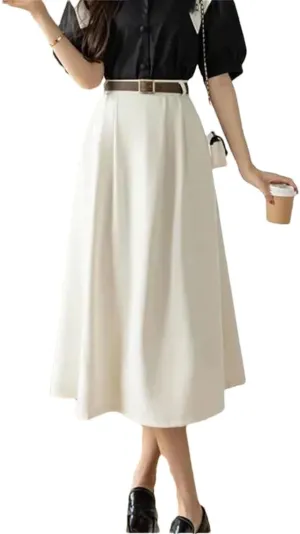 TdvcpmkkWomen's High Waist Casual Pleated Skirt with Belt Versatile Office A-Line Long Skirt