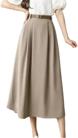 TdvcpmkkWomen's High Waist Casual Pleated Skirt with Belt Versatile Office A-Line Long Skirt