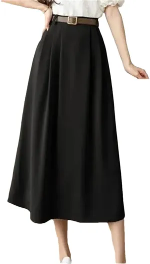TdvcpmkkWomen's High Waist Casual Pleated Skirt with Belt Versatile Office A-Line Long Skirt
