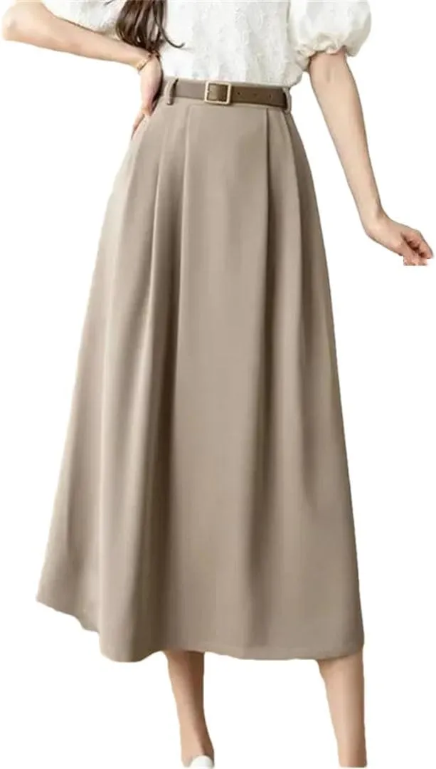 TdvcpmkkWomen's High Waist Casual Pleated Skirt with Belt Versatile Office A-Line Long Skirt