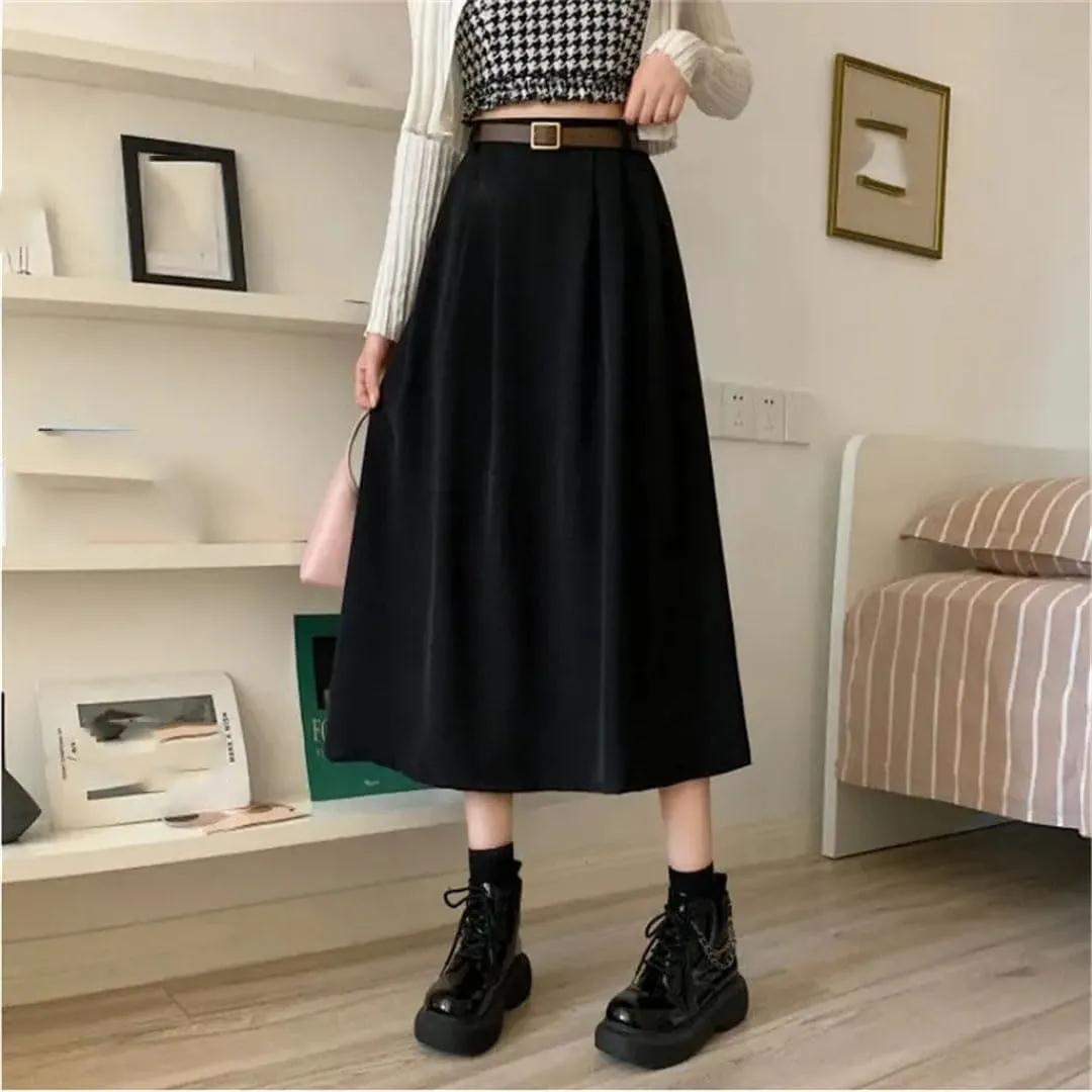 TdvcpmkkWomen's High Waist Casual Pleated Skirt with Belt Versatile Office A-Line Long Skirt