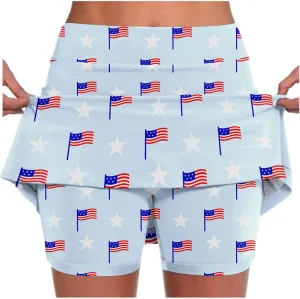 Tennis Skirts for Women 2025 4th of July Flag Graphic Print Athletic Golf Skorts with Pockets High Waist Elastic Yoga Skirts