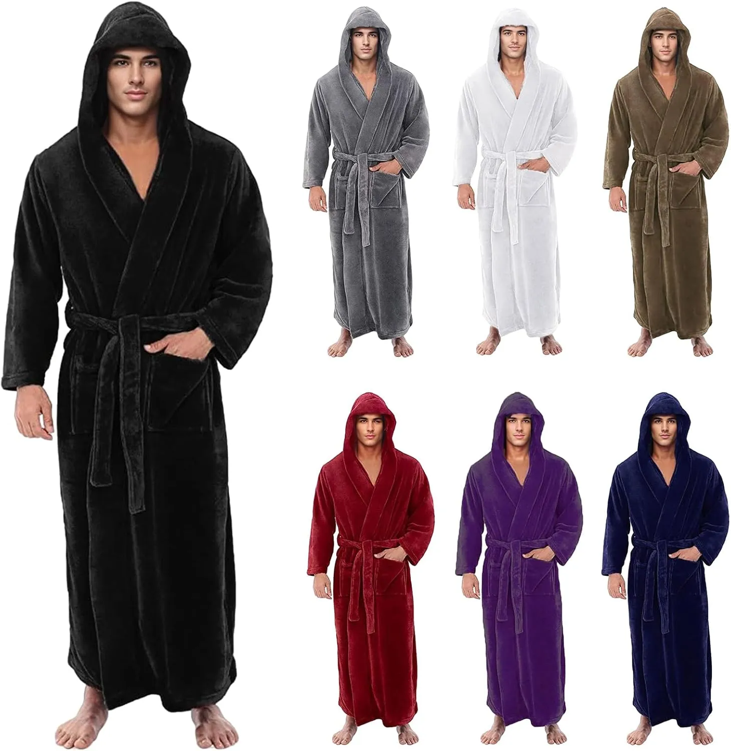 Thatrich Mens Robe Plush with Hood Fleece Sherpa Pajamas Thermal Underwear Lounge Sets Pjs Fuzzy Robes Warm Winter Sleepwear